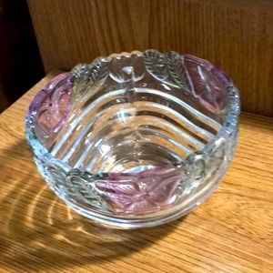 Anne Hutte pink flower green leaf lead crystal small bowl